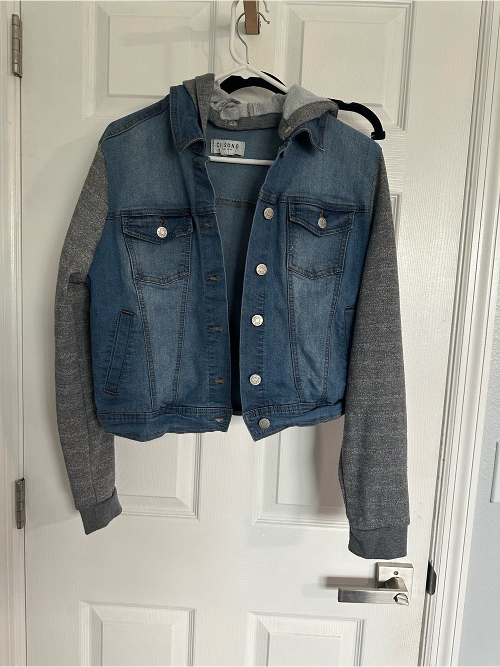 Ci Sono Blue Denim Jacket with Gray Knit Sleeves and Hood